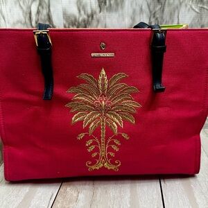 Spartina 449 Pink Linen Tote Gold Palm Embroidery Resortwear Tropical Vacation